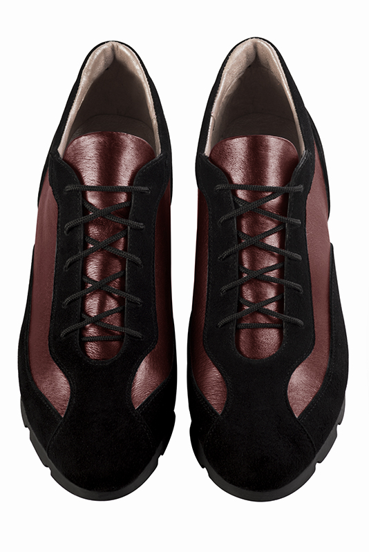 Matt black and burgundy red women's open back shoes. Round toe. Flat rubber soles. Top view - Florence KOOIJMAN